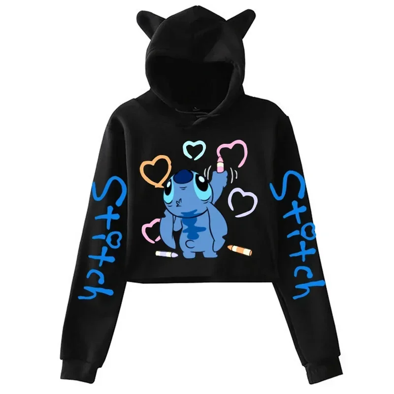 Cute Stitch Disney Hoodie Crop Top Women Sweatshirt Kids Boys Girls Harajuku Streetwear Clothes Hoodies Cropped