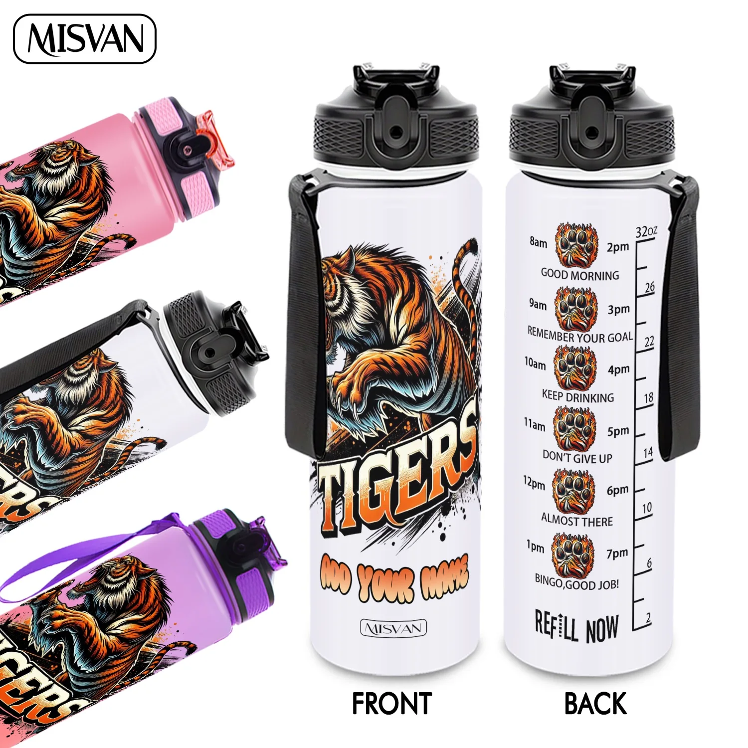 

Бутылка для воды 32 унции с индивидуальной гравировкой, дизайн «Рычащая тигровая лапа», трекер ежедневного потребления воды, для спортзала, активного отдыха и велоспорта.