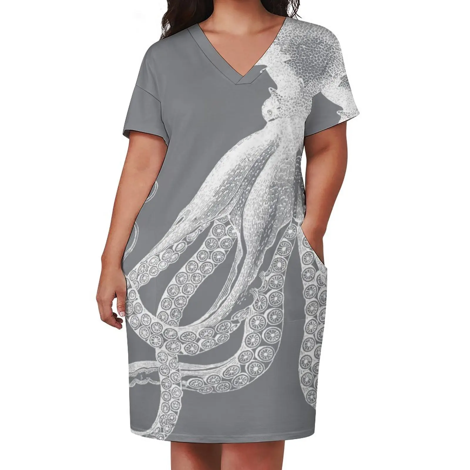 Octopus Vintage Octopus Tentacles Sea Creatures Nautical Ocean Sea Beach Grey and White Loose Pocket Dress loose summer dress