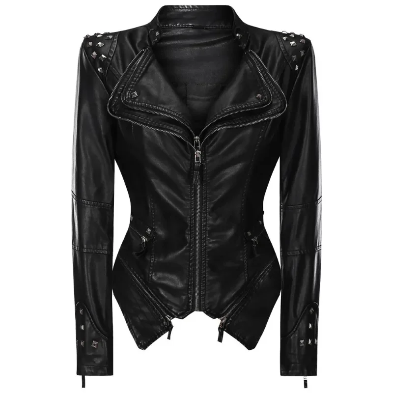 Ladies Motorcycle PU Leather Rivets Double Zip Lapel Autumn Leather Coat Coat Large Size