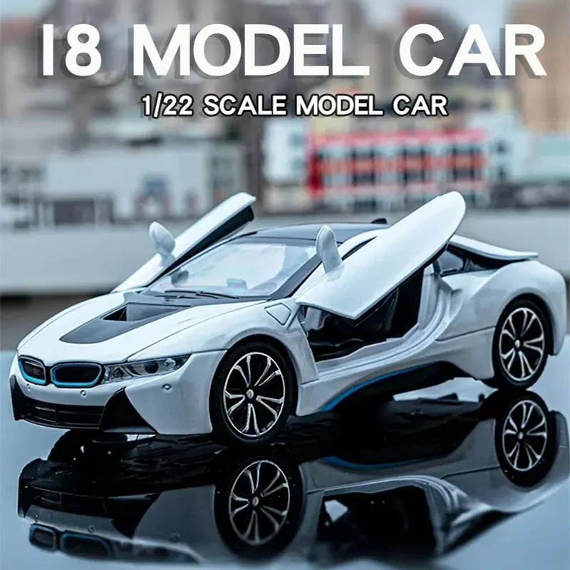 1:22 i8 simulação liga modelo de carro diecast ornamento som & luz puxar para trás função coleção meninos brinquedos presentes para crianças
