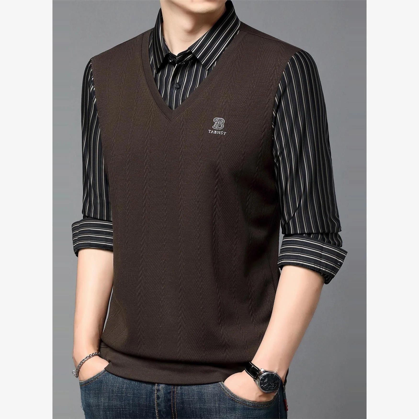 

Autumn Thin Fake Two-Piece irt Collar Casual Loose Long Sve T-irt for Middle-Aged And ly Busin Casual plus Size