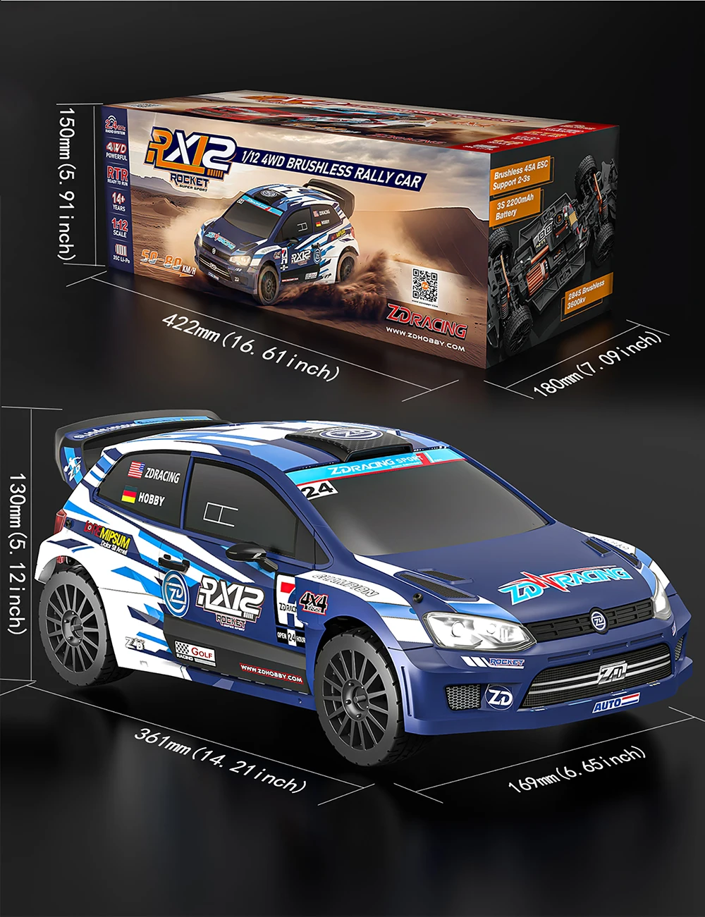 Samochód RC ZD Racing w skali 1:12, model RX12, bezszczotkowy, prędkość 70 km/h, samochód szybki, napęd 4WD, 3S 2200mAh, 6 kanałów, zasięg 350 m, z akumulatorem, pojazd rajdowy.