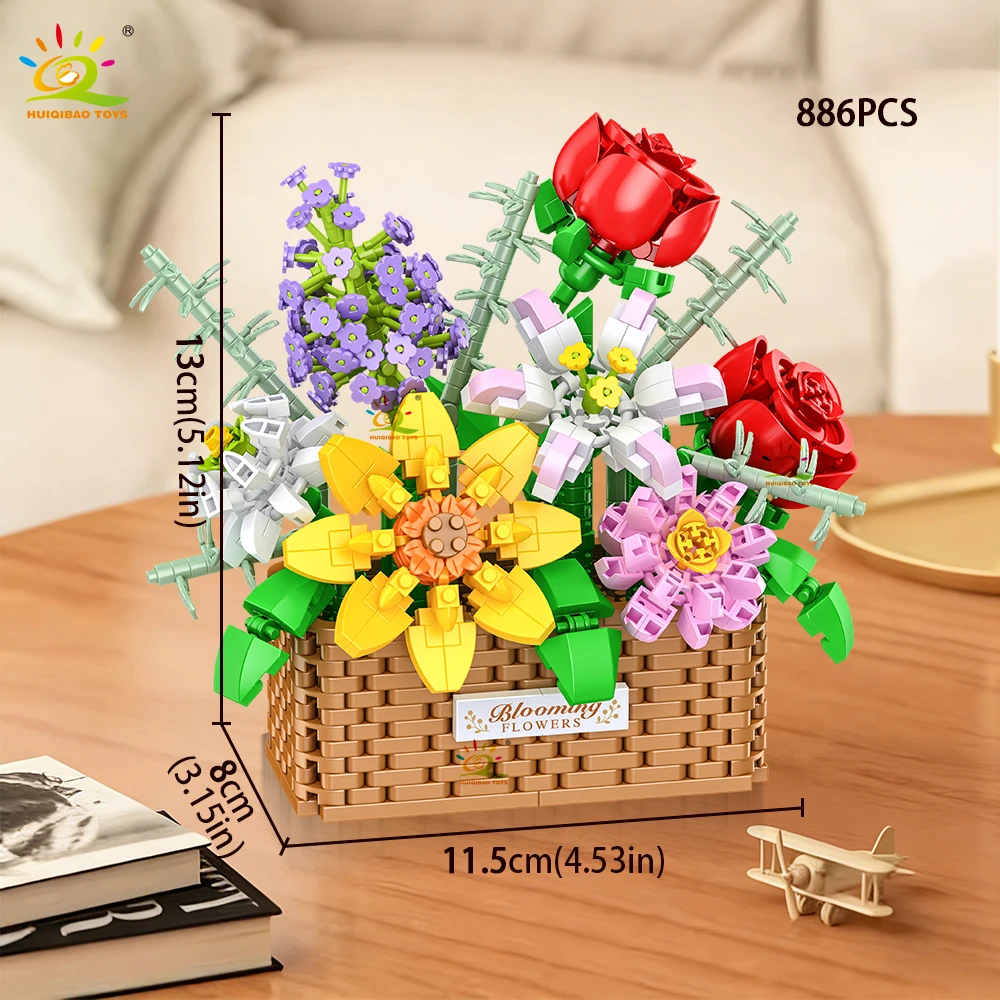 HUIQIBAO MOC Rosen-Sonnenblumen-Blumentopf Mikro-Baustein-Set DIY Blumenstrauß-Korb Mini-Diamant-Bausteine Kinderspielzeug Schreibtisch-Deko – Detail 4