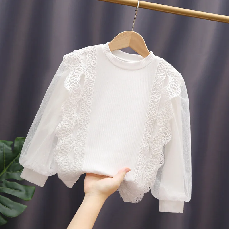 

new delivery 2024 long sleeve girl Bottoming t shirt solid top clothes autumn spring lace 110-160 students fashion 3-9year