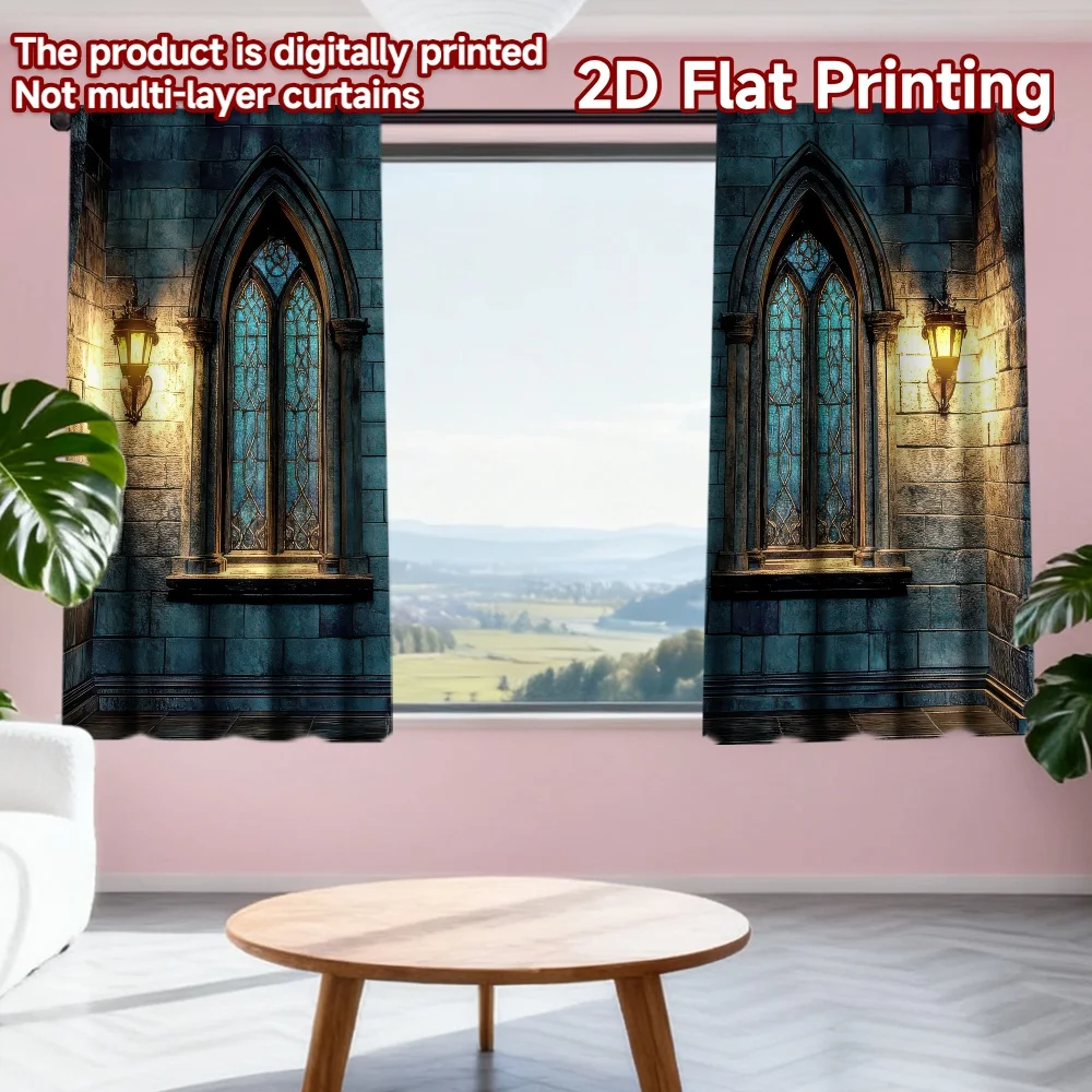 

2D flat printing 2pcs Drapes Gothic Cathedral Windows Digital Printed Polyester Drapes Holiday Decorations Perfect for All