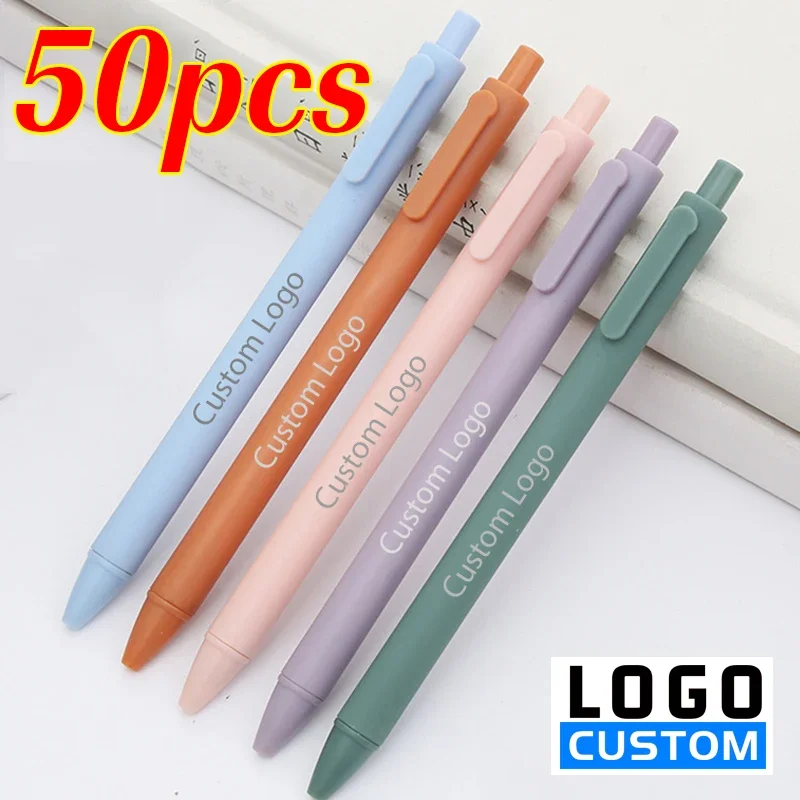 

50pcs Solid Color Gel Pen Custom LOGO Push-type Student Exam Sign Pen School Stationery Office Supplies Lettering Engraved Name