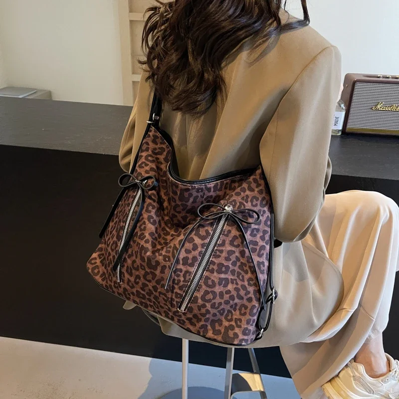 Bolso de hombro con cremallera de PU, bandolera con estampado de leopardo, suave, de gran capacidad, de diseñador, a la moda, novedad de 2024