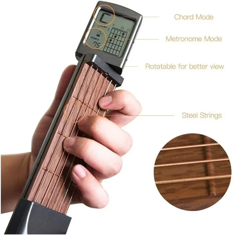 Pocket Guitar Chord Practice Tool, Portable Guitar Neck for Beginner Trainer with Rotating Chord Table Screen