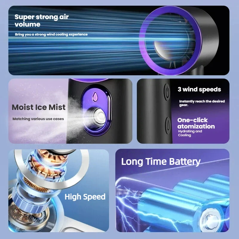 2026 Portable High Speed Water Misting Fan Moisturizing 3-Level Low Noise Brushless Long Battery Life Outdoor Mini Handheld Fan