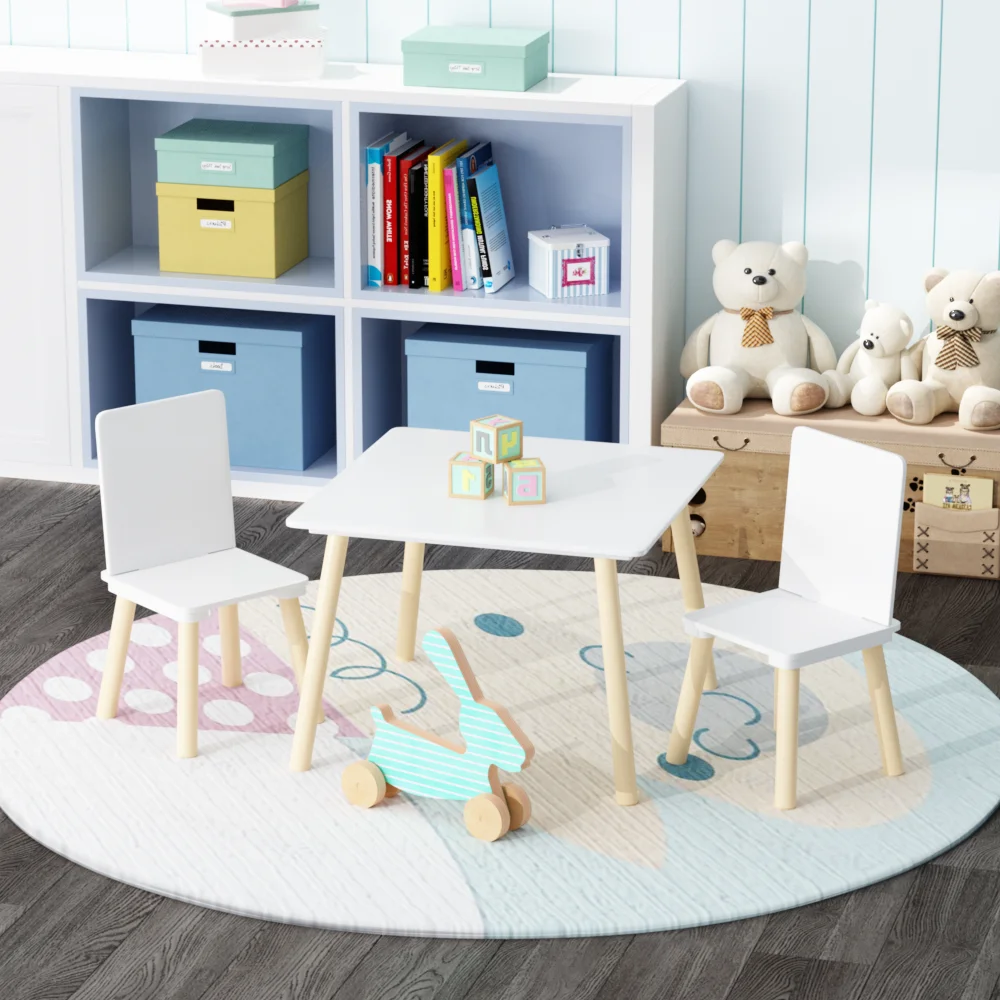 Orraves Kids Table and 2 Chairs Set, 3 Pieces Toddler Table and Chair Set, Wooden Activity Play Table Set (White)