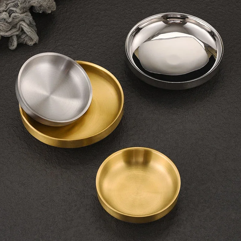 Stainless Steel Double Layer Dipping Bowl Thickened Small Sauce Dish for Home Kitchen Sushi Hot Pot Seasoning Serving
