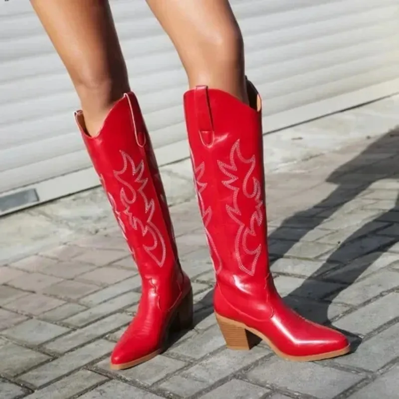 

Женские ковбойские сапоги до колена, на танкетке, с вышивкой, белые, красные, розовые, зима 2025