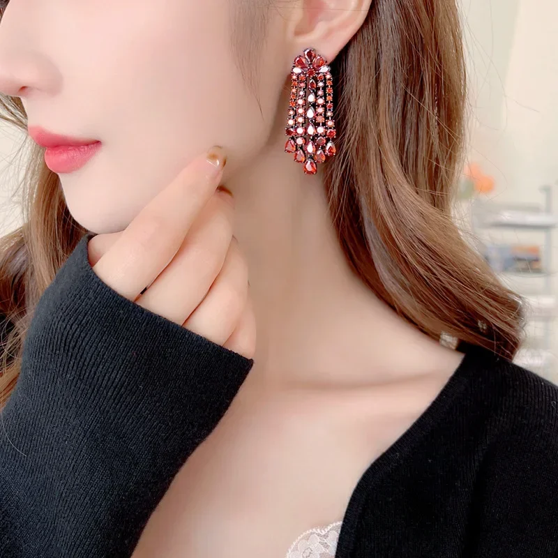 Luxury Women Earrings Long Tassel Party Bridal Wedding Jewelry green red purple zircon small water Drop Earrings for Women Gift