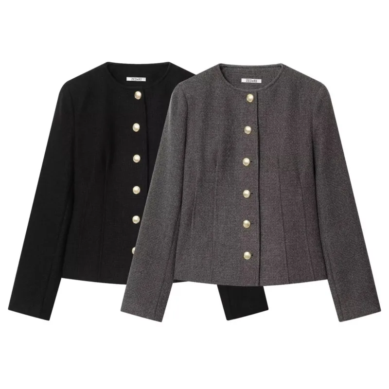 

Women's Round Neck Suit Jacket Spring Fashion Long Sleeve Slim Fit Blazer With Buttons Female Coats Vintage Chic Tops