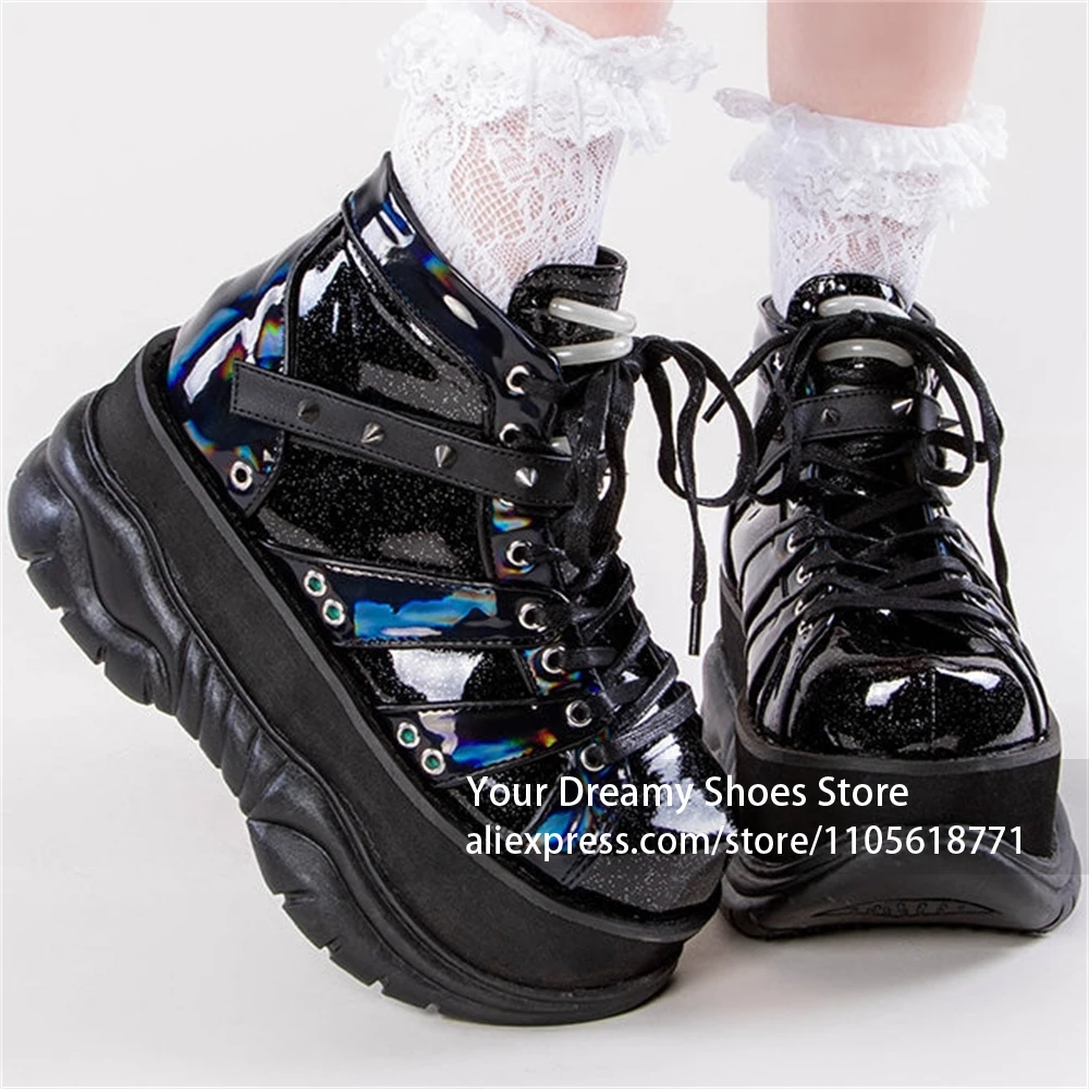 

Gothic Punk Glitter Patent Leather Ankle High Platform Sneakers Lace Up Spike Strap Chunky Lug Sole Black Casual Shoes for Women