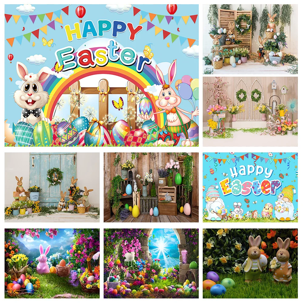 Spring Easter Day Backdrop Bunny Eggs Flower Green Grass Wood Board Rabbit Easter Baby Portrait Photography Props