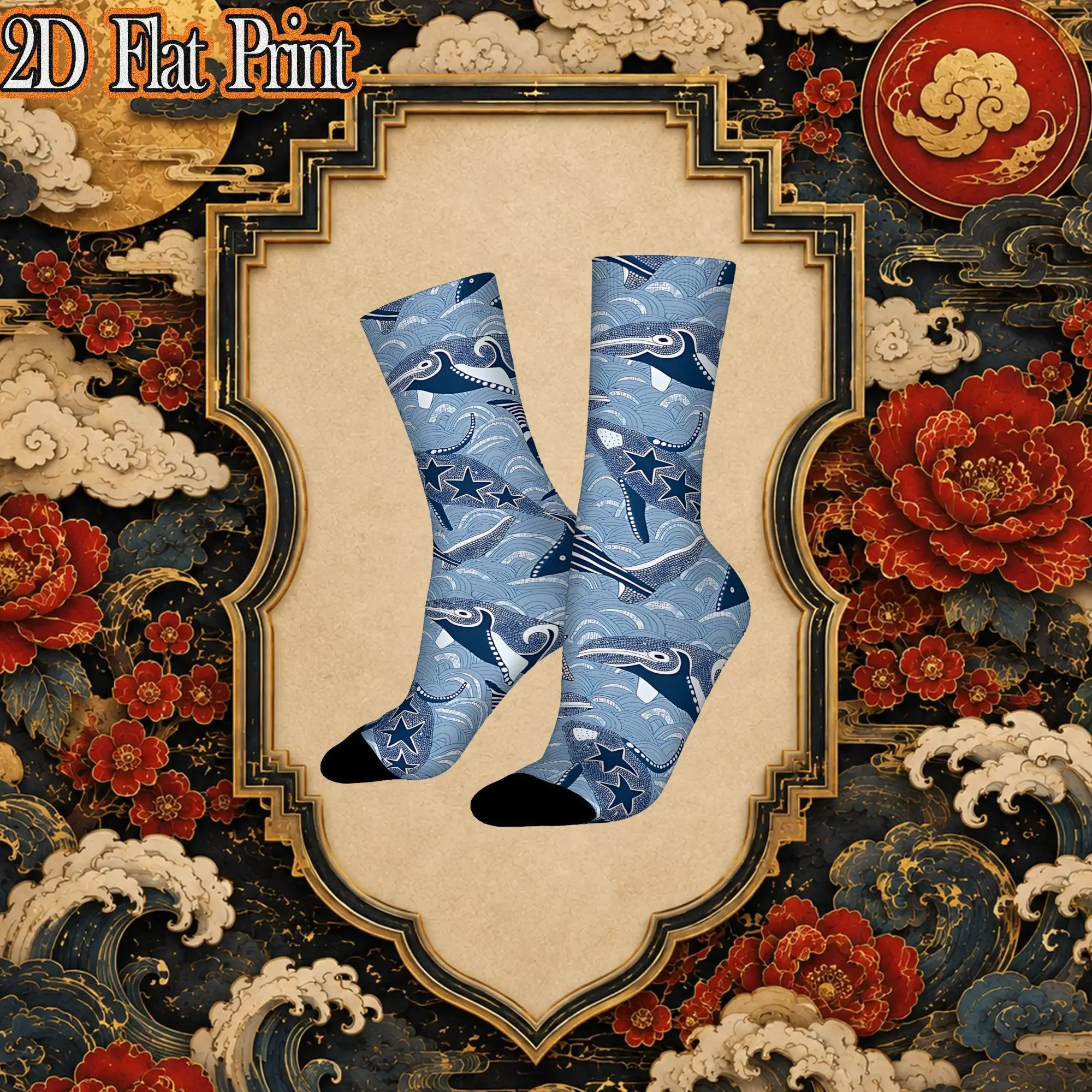 Alaskan Whales Classic Blue Vintage  Hip Hop Novelty Seamless Crew Creative Sock Sports Socks