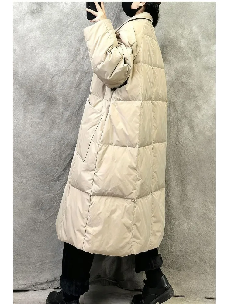 Winter Oversized Warm Down Long Coats Women's White Duck Down Trench Coat Quilted Pockets Thick Loose Down Jacket Outerwear