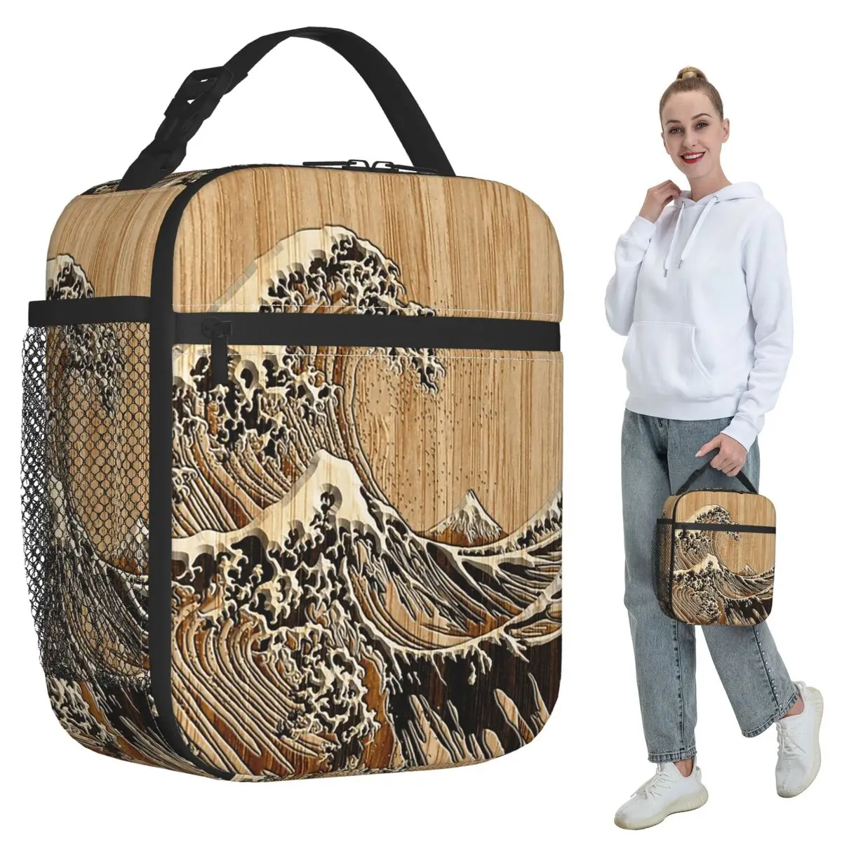 

Термосумка для обедов в стиле «Великая волна Хокусая» с бамбуковой инкрустацией, для женщин, для офиса, термоконтейнер для еды, сумка-тоут для ланчей