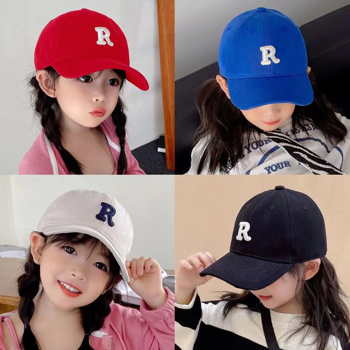 Children\'s R letters baseball cap spring and fall baby duck tongue cap tide boys and girls spring and summer leisure sunscreen