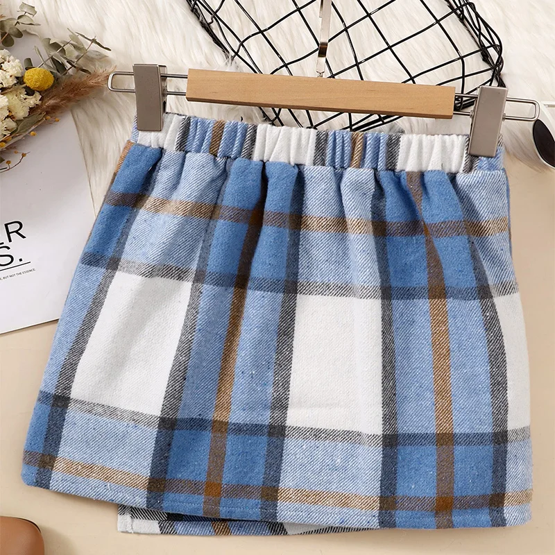 Winter Girls Cute Elegant Warm Blue And White Checkered Button Decorative Half Skirt Casual Princess Party Dress Half Skirt