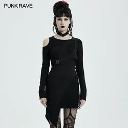 PUNK RAVE Women's Punk Handsome Hollow Shoulder Long Sleeve Dress Fashion Cool Button Removable Collar Black Sexy  Short Dresses