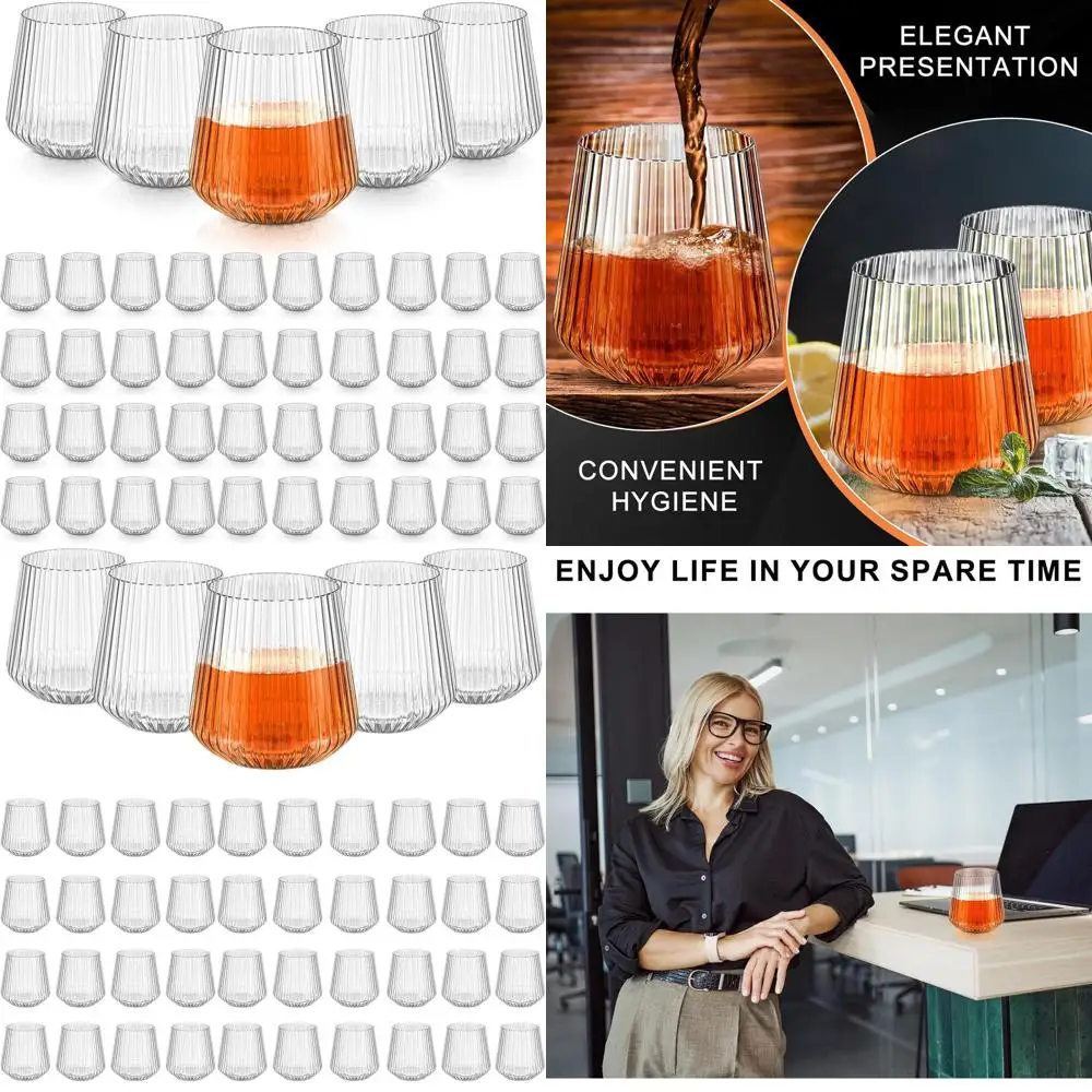 

50 Pack 14 oz Clear Ribbed Disposable Plastic Wine Glasses - Recyclable, Shatterproof, Reusable for Parties, Home, Weddings