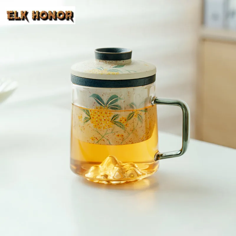 

450ml Hand-painted Osmanthus Glass Filter Tea Separator Cup Retro Tea Mug With Infuser Tea Making Office Water Cup Ornaments