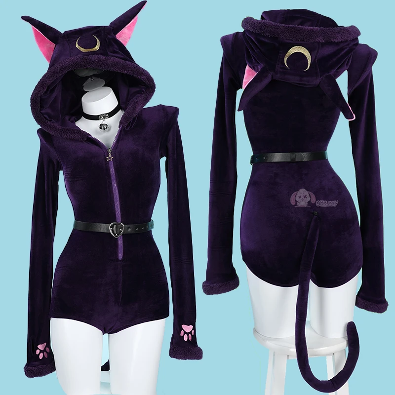 

Luna Purple Lingerie Hooded Bodysuit Women Sexy Flannel Hooded Bodysuit Socks Suit Bunny Girl Kawaii Plush Pajamas Cute Homewear