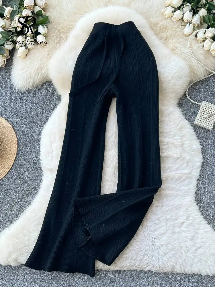 Pantalones de pierna ancha informales a la moda, pantalones de punto gruesos holgados con cordón de cintura alta elásticos para perezosos de otoño