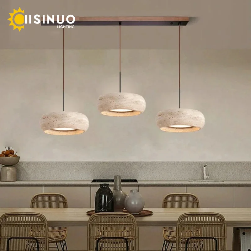 Wabi Sabi Cave Natural Stone Pendant Lamp Travertine Stone Round LED Dining Room Chandelier Adjustable Hanging for Kitchen Islan