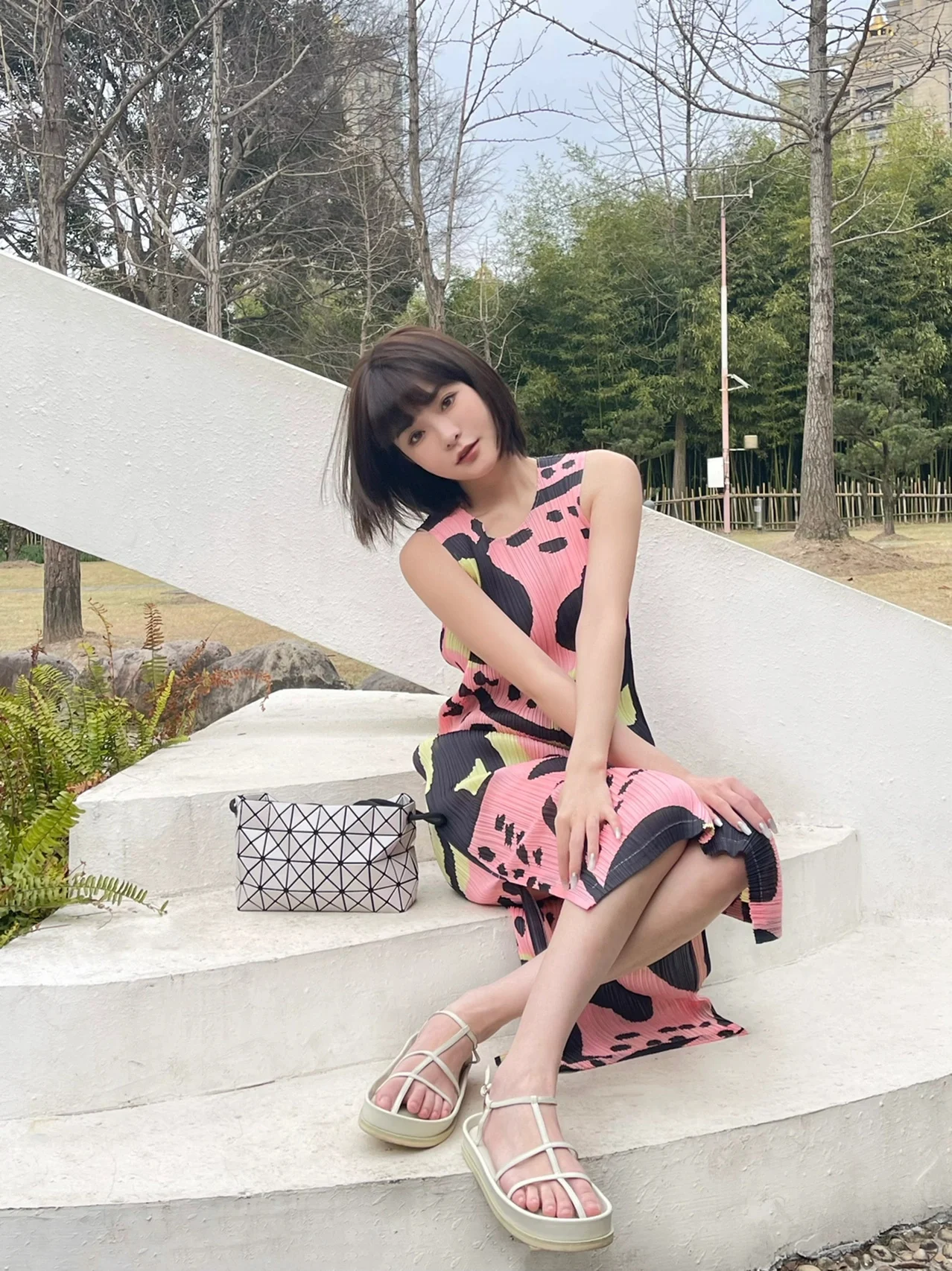 Summer Floral Print Loose Fit Svel round Ne Gown Pleated Slimming A-Line Dr Commute Polyester Fabric Waist-Cinching