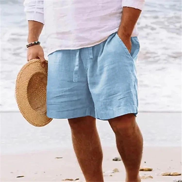 Pantalones cortos de lino y algodón para hombre, Shorts de cintura elástica, pierna recta, Color sólido, transpirables, informales, para playa, 2024