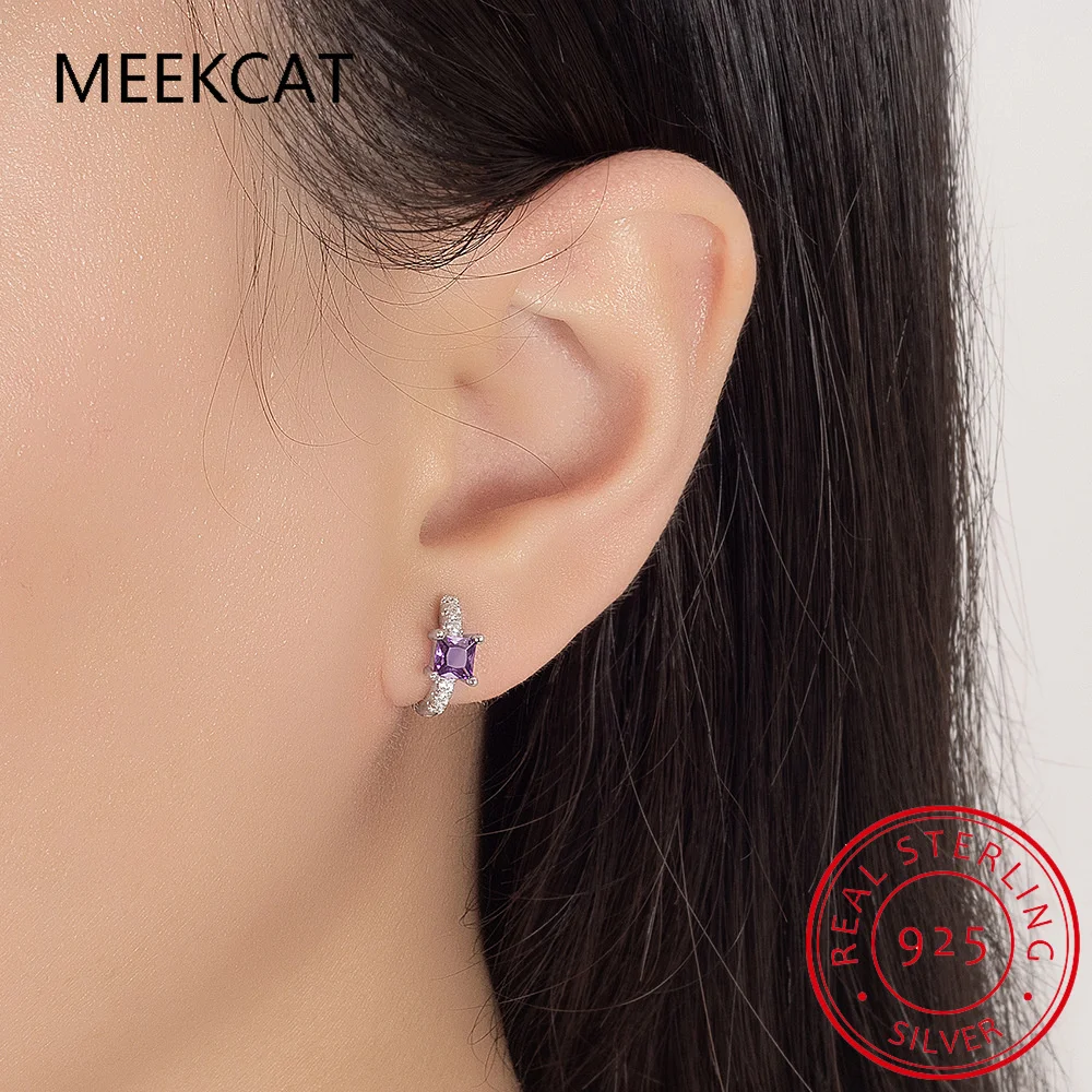 Square Natural Purple Amethyst 925 Sterling Silver Geometric Hoop Earring for Women Princess Cut Gemstone Jewelry Wedding Gift view 3