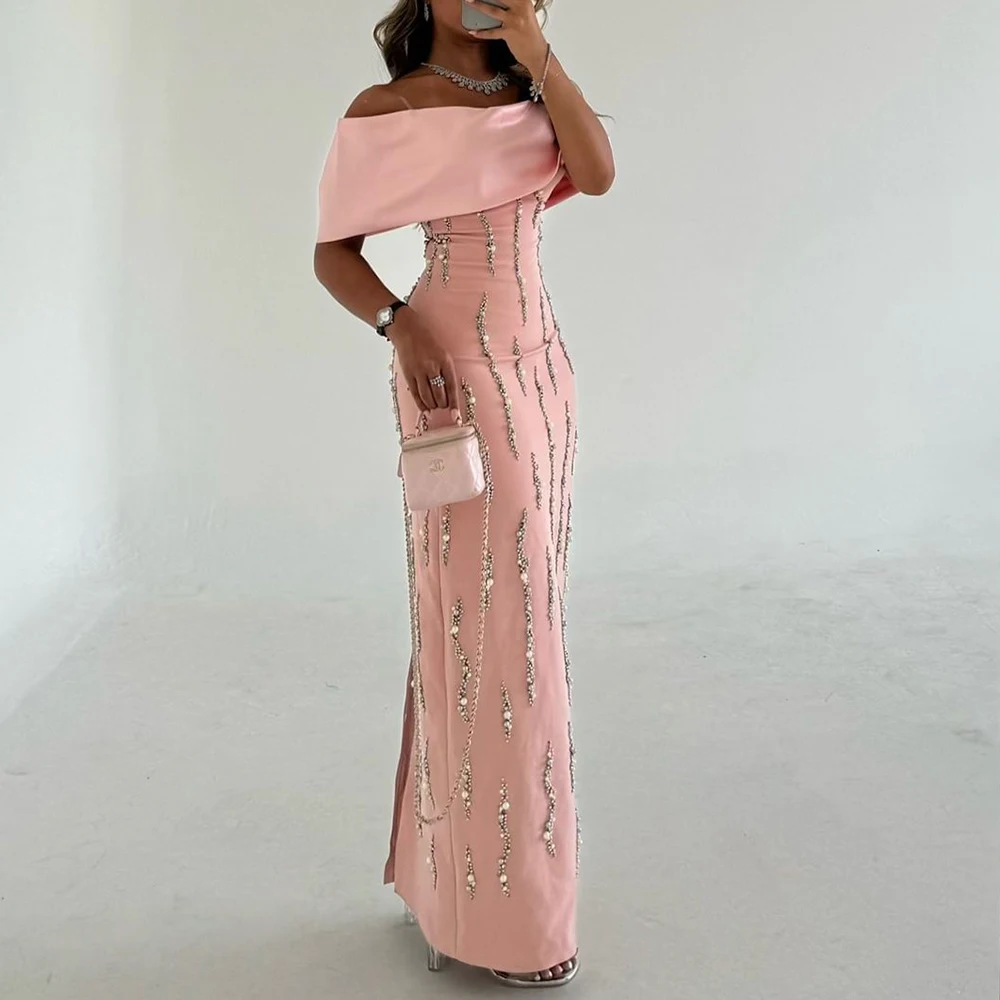 Jersey Straight Off the Shoulder Crystal and Pearls Evening Dress Back Slit Boat Neck Half Sleeves Floor Length Sweep Train