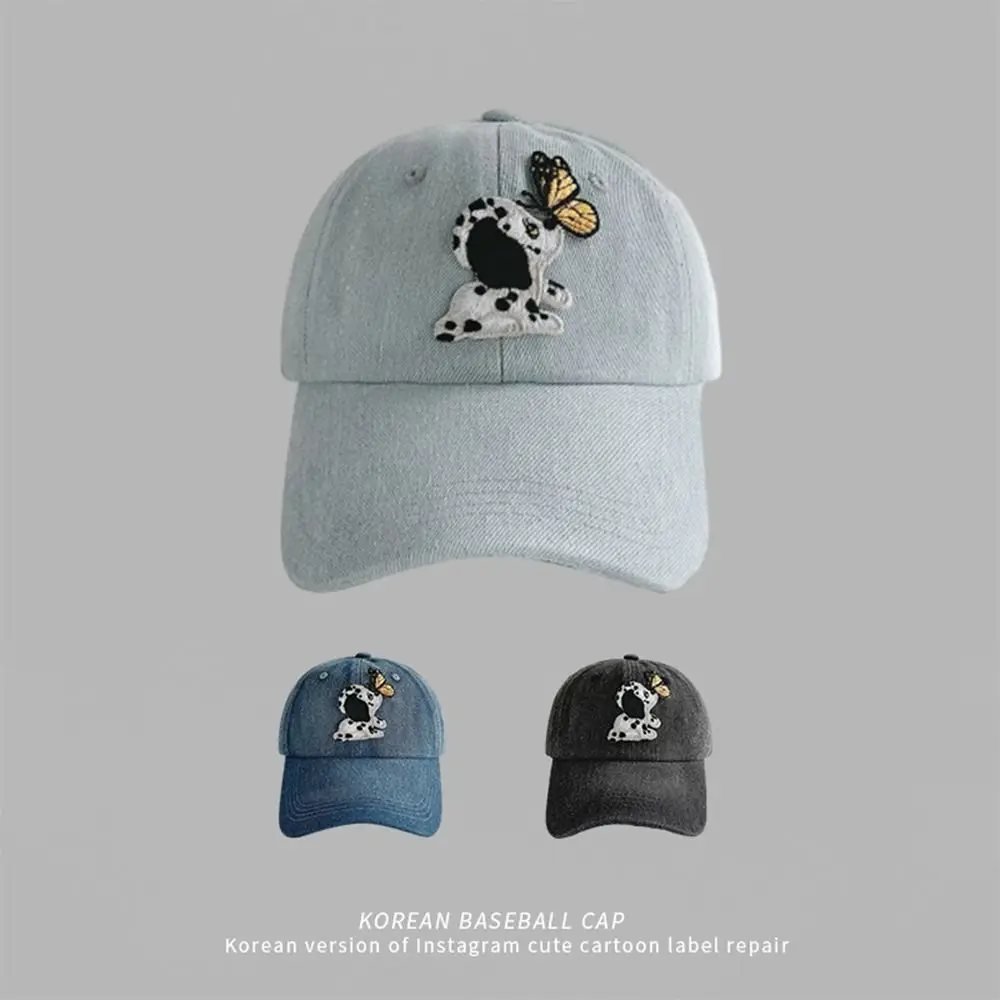 Simple Butterfly Embroidery Baseball Cap Spotted Dog Cartoon Denim Baseball Hat Cotton Peaked Cap Canvas Sun Hat Outdoor