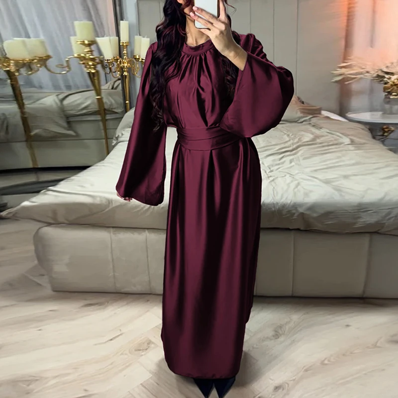 Sukienki na imprezę z wysokim stanem, zwiewne, eleganckie, z dekoltem typu O, z długim rękawem, satynowe, długie sukienki damskie, modne, z temperamentem, jednolite, 2026
