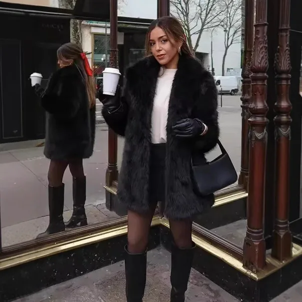 

Black Winter Women's Artificial Fur Jacket For Female Thermal Lady's Eco Fur Coat Lapel Collar Long Fluffy Faux Fox Fur Coat