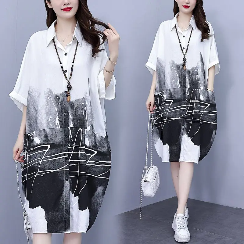 Female Clothing Fashion Ink Painting Shirt 2023 Spring Summer Casual Loose Pockets Single-breasted Commute Polo-Neck Midi Blouse