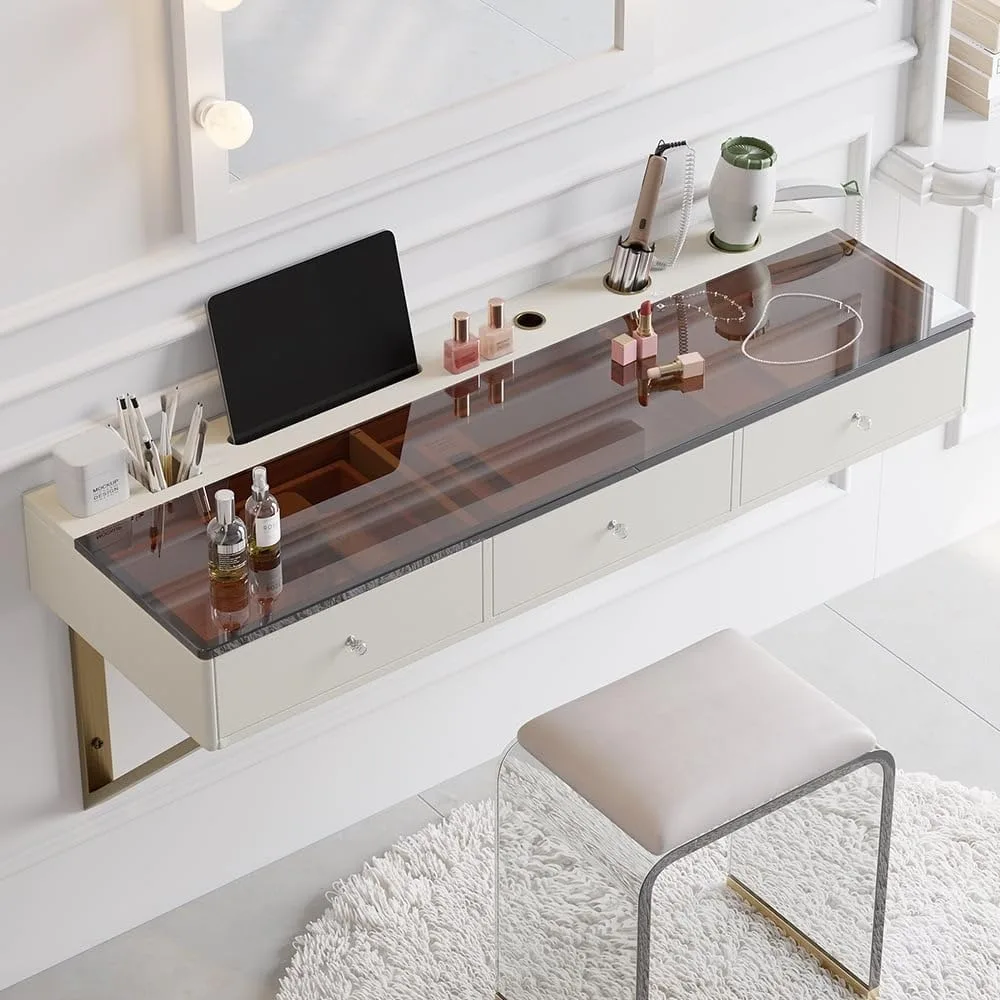 

"47 inch wall-mounted makeup vanity desk with drawers and tempered glass top in modern faux leather style"
