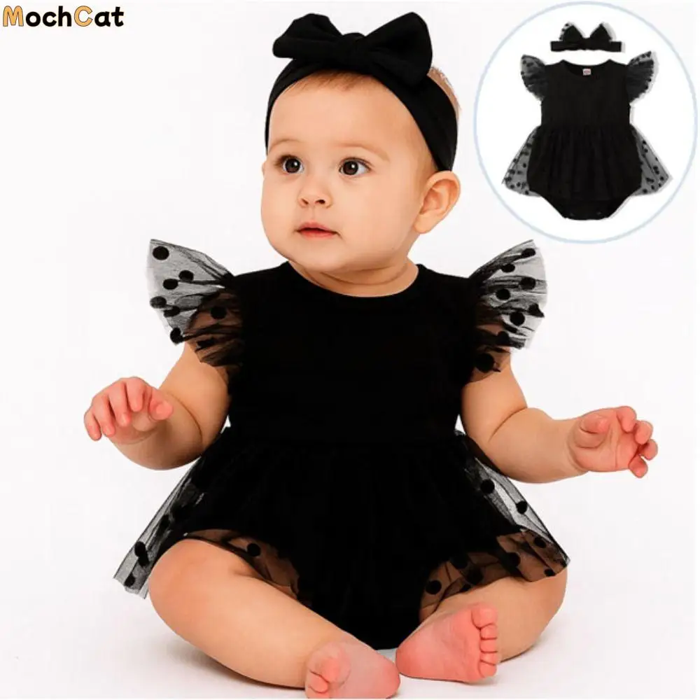 

Cute Cotton Baby Girl Princess Dress Lace Mesh Bowknot Toddle Petti Skirt Sweet Short Sleeve Infant Dress with Headband Summer