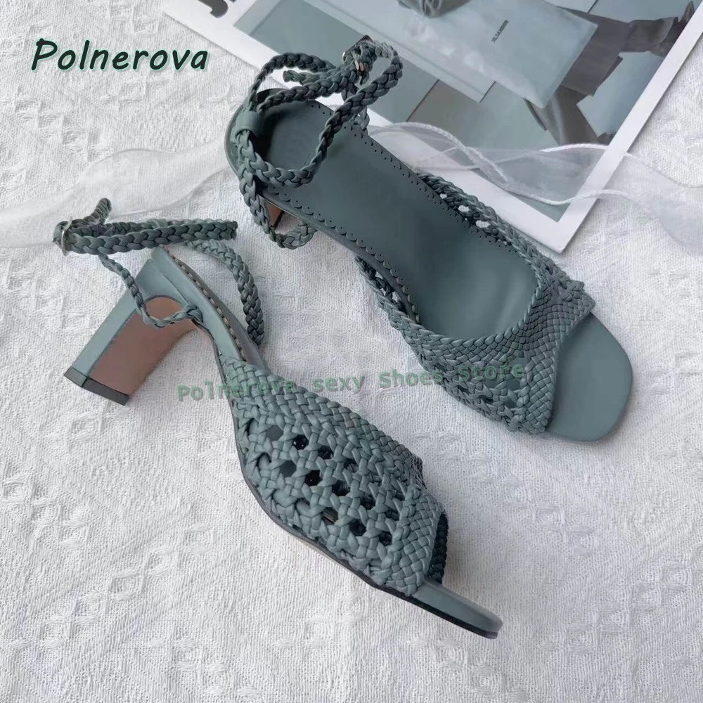 

Woven Cut Out Fashion Sandals Peep Toe Blade Heel Retro Concise Solid Women Elegant Dress Shoes 2026 Spring Summer New Arrivals