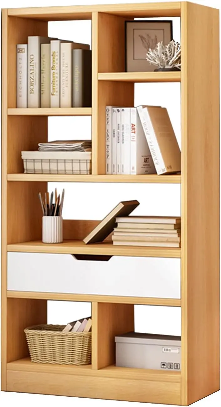

Wooden Open Shelf Bookcase - 51" Height Freestanding Display Storage Cabinet Organizer with 7 Cubes and a Drawer, Floor