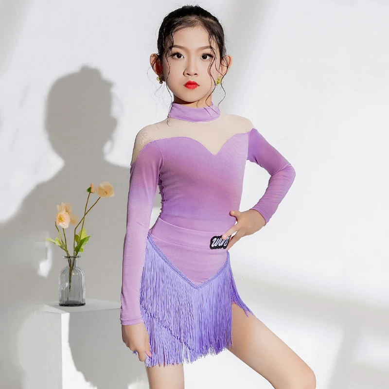 Vestido feminino com franja de dança latina, trajes de performance, roupas infantis, roxo, novo, SL9505, 2023