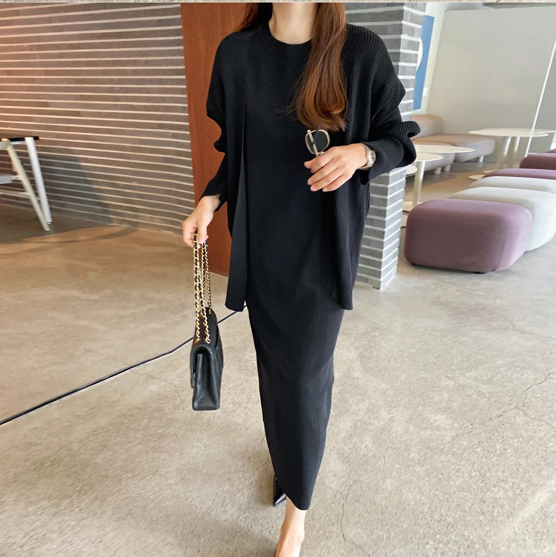 New Elegant Knitted Dress Sets Women Korean Fashion Long Sleeve Cardigan Shawl + Short Sleeve Long Dresses Two Piece Set Outfits