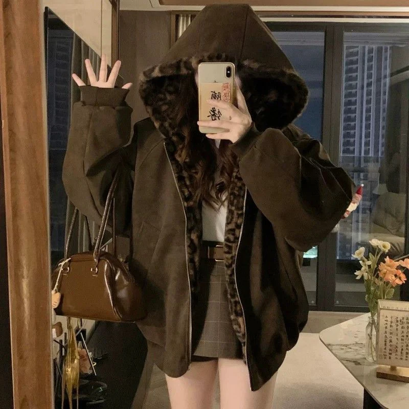 American Reversible Leopard Jacket Women Vintage Pu Leather Thick Warm Hooded Jacket Winter Streetwear Loose Zipper Outwear New