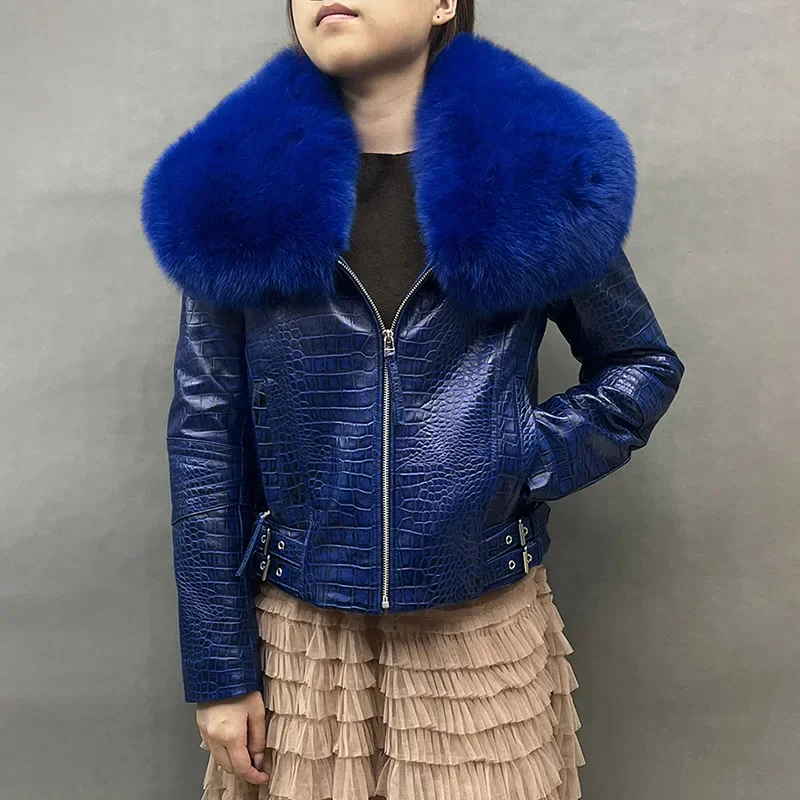 Women\'s Genuine Sheepskin Leather Jackets Real Fur Big Collar Coat Crocodile Pattern