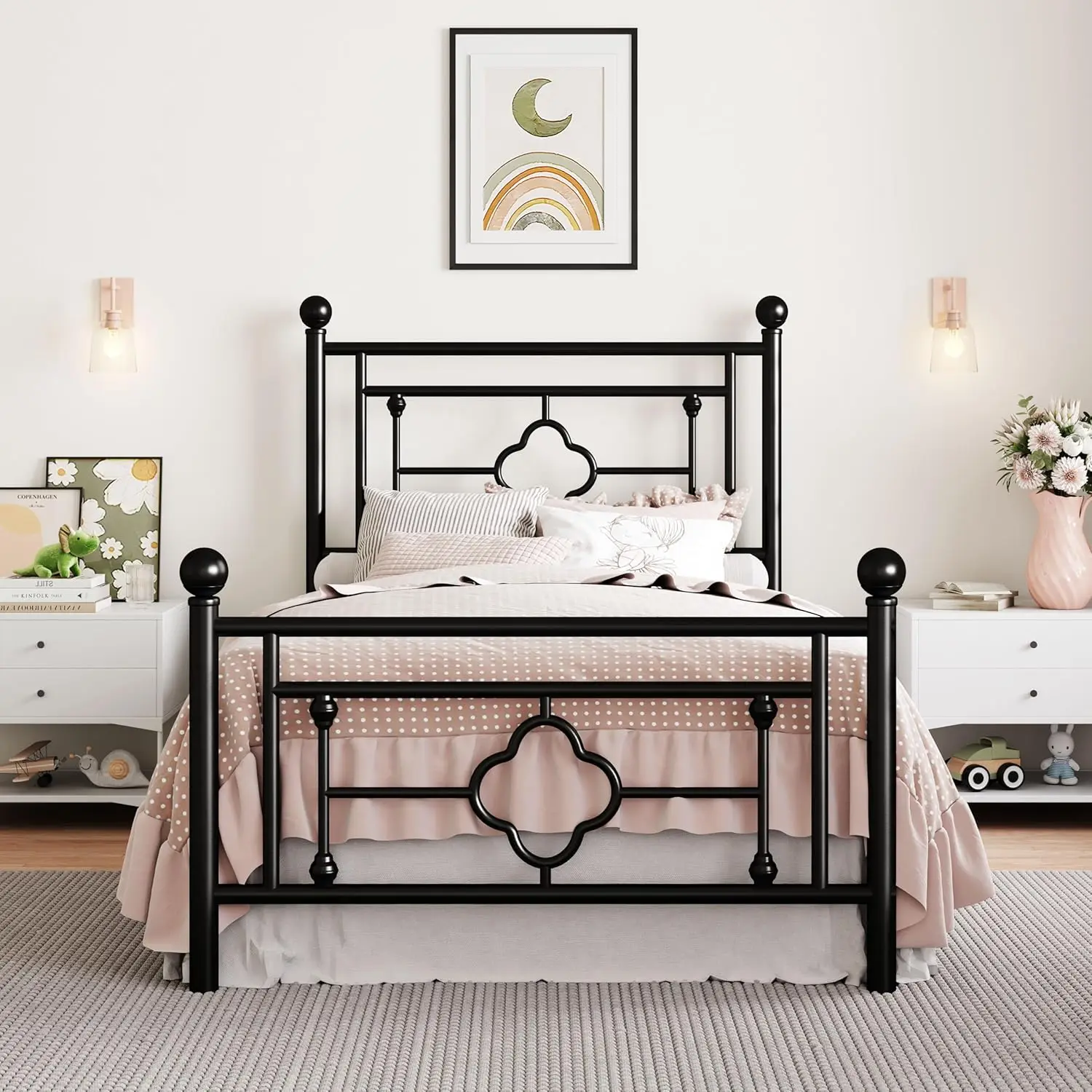 

14 Inches Twin Size Metal Platform Bed Frame/Vintage Iron-Art Headboard and Footboard/Mattress Foundation for Storage/No