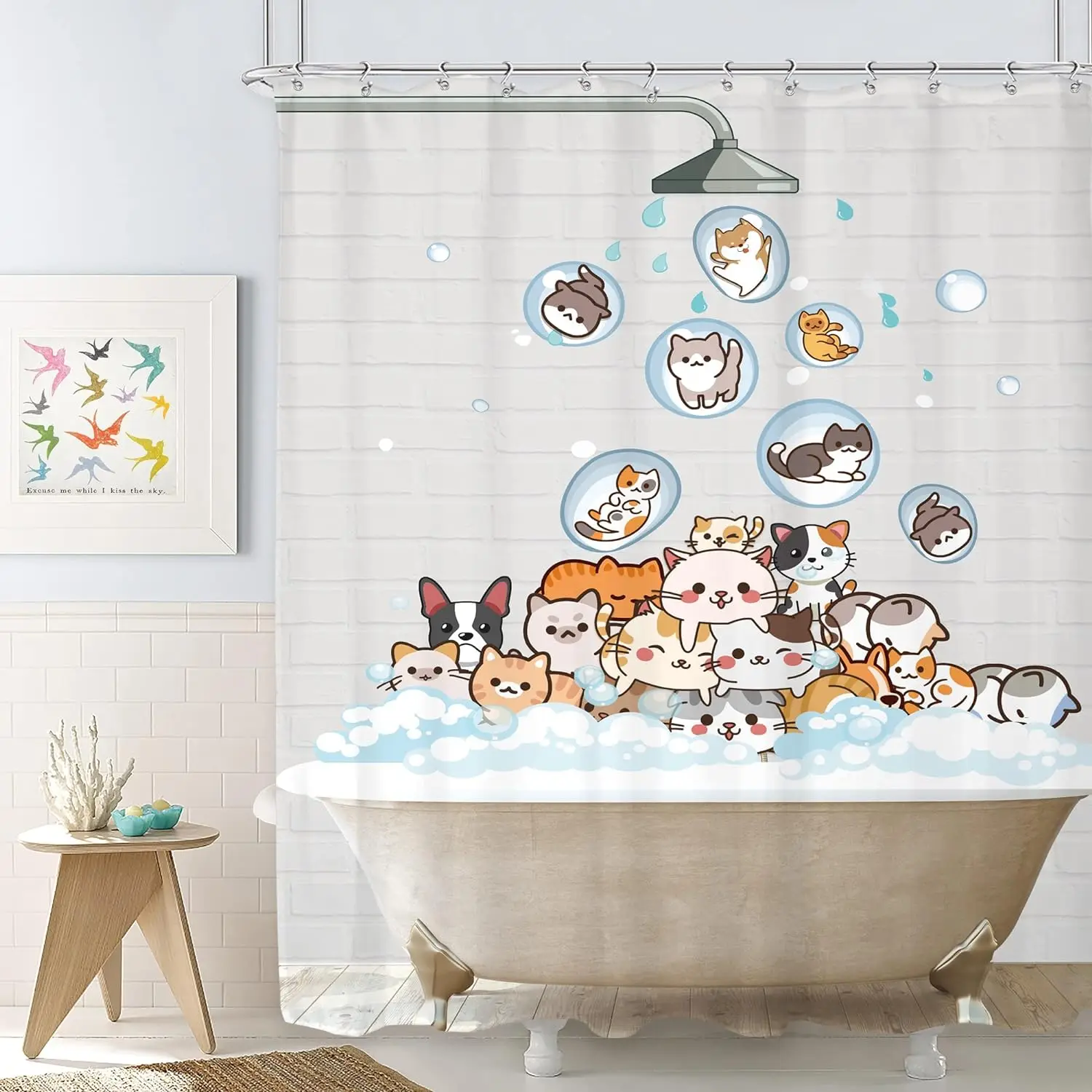 Cute Animals Bathing Cats Dogs Cartoon Shower Curtain Bath Head Bathtub Pattern Kids Child Bathroom Decor Polyester Bath Curtain